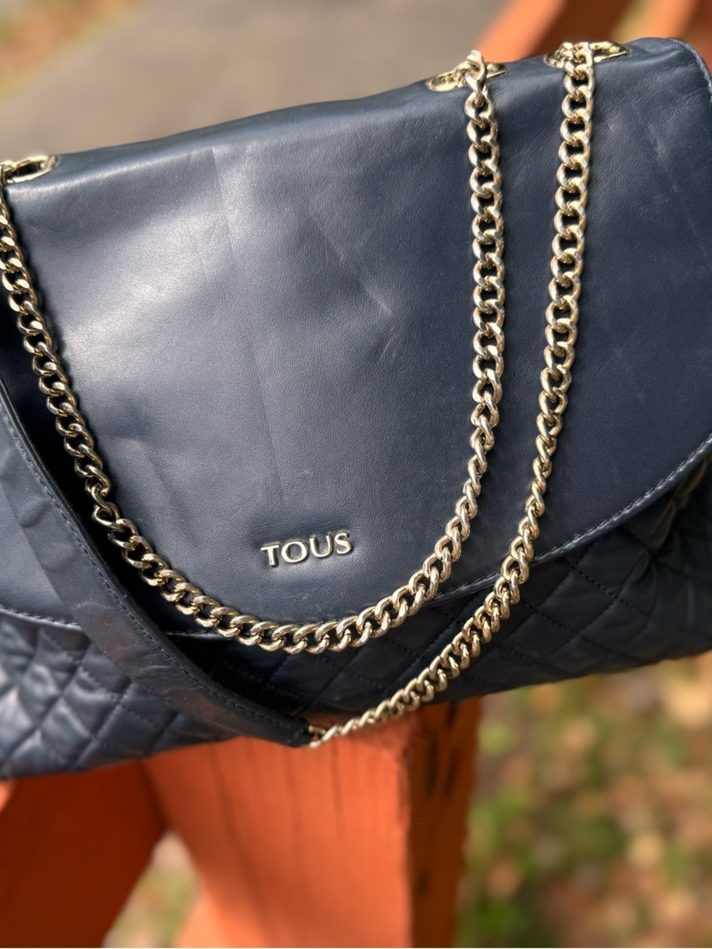 TOUS Navy Quilted Leather Shoulder Bag with Gold Chain